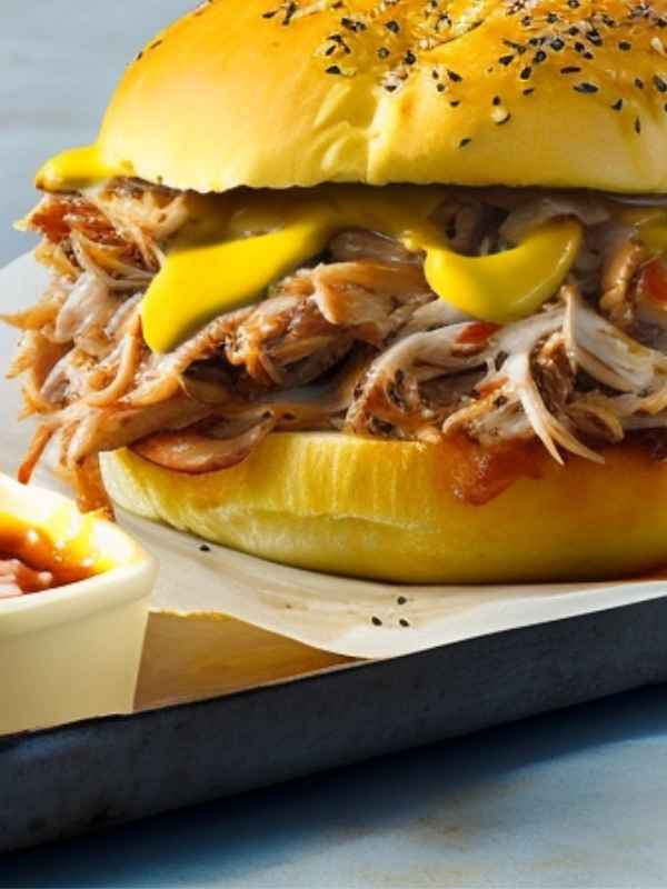 Carolina-style Smoked Pulled Pork in a seaded bun with yellow sauce