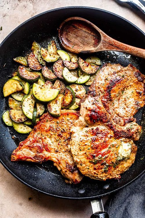 Garlic Butter Fried Pork Chops with Zucchini Low Carb Keto-Friendly Dinner Recipe