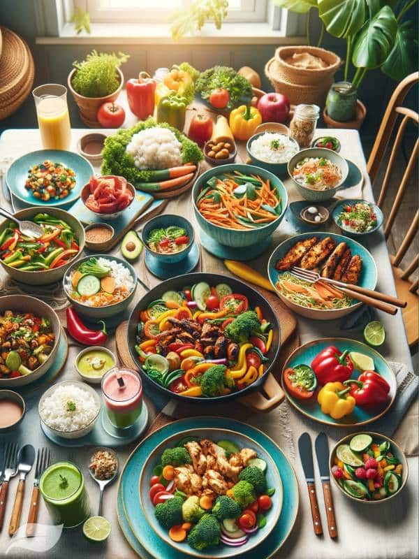 a dinner table set with a variety of healthy dishes