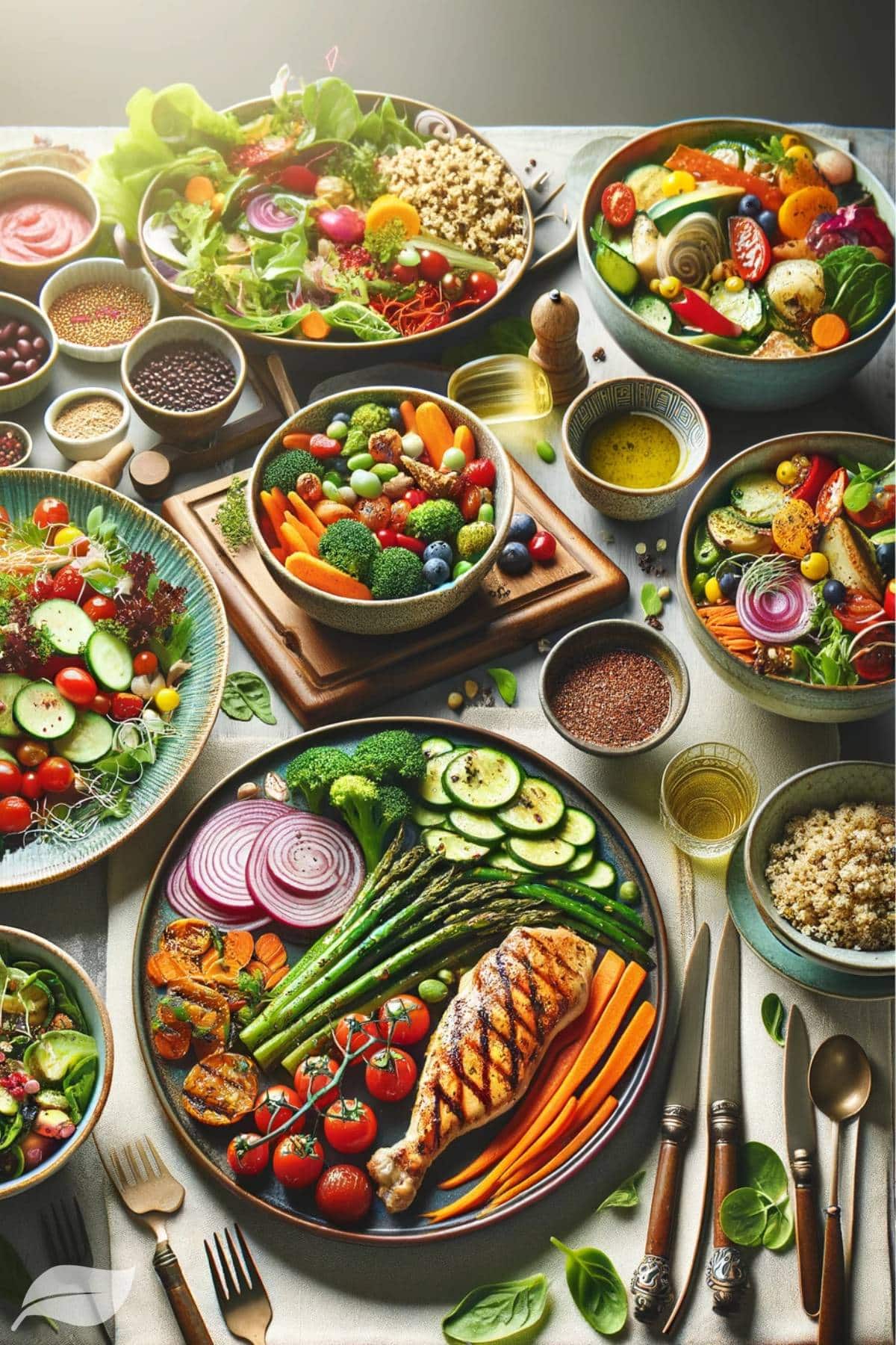 a variety of healthy dinner dishes arranged beautifully on a dinner table