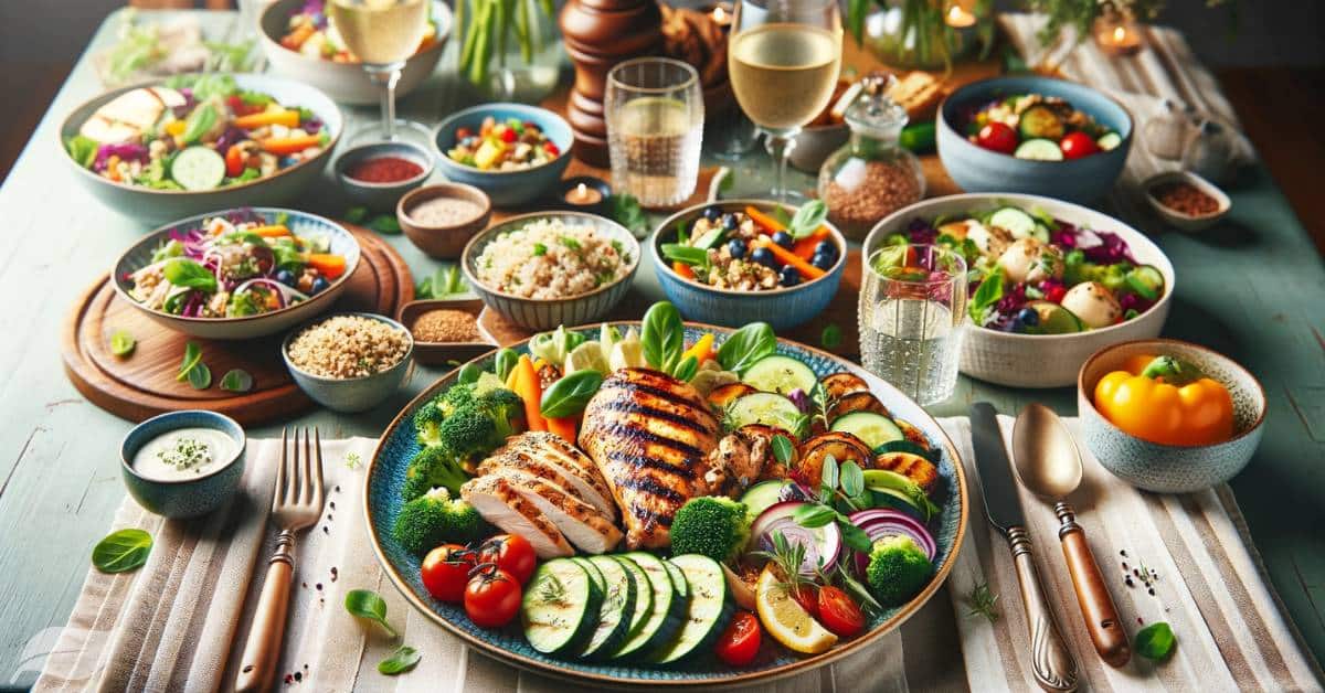 a variety of healthy dinner dishes arranged beautifully on a wooden table