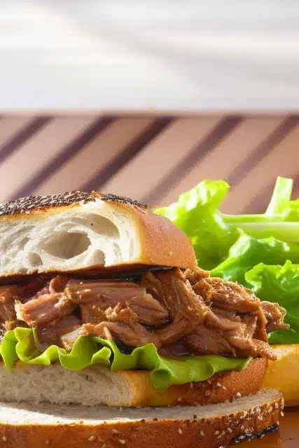chunky pulled pork on two slices of bread with a piece of lettuce on the top