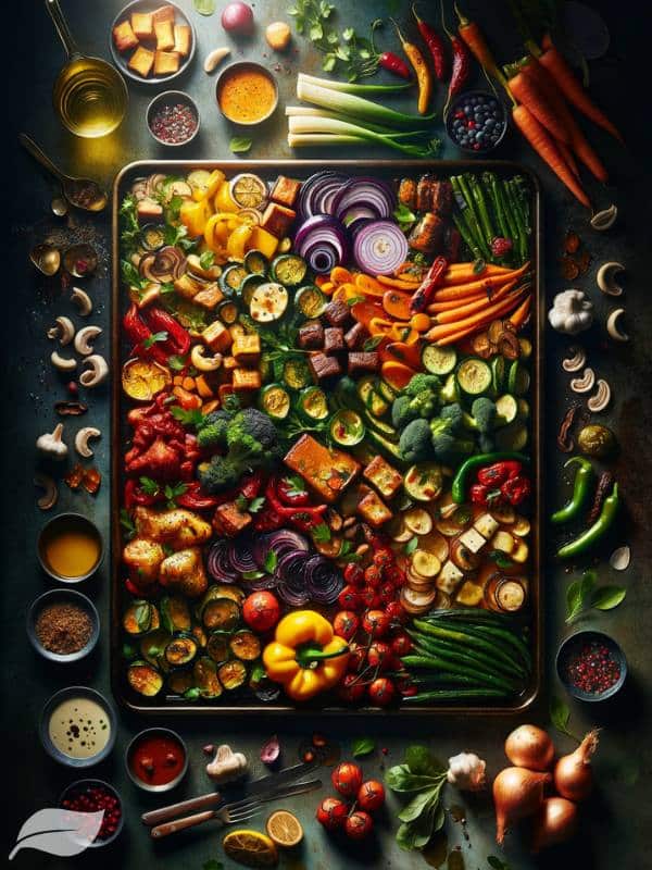 an array of vibrant sheet pan recipes, showcasing a variety of colorful vegetables, succulent meats, and rich desserts, all artistically arranged on a sheet pan in a visually stunning composition