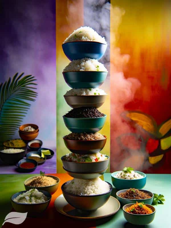 an assortment of Instant Pot rice dishes. Imagine a towering stack of bowls, each containing a different rice preparation such as white rice, Hibachi fried rice, coconut lime rice, cilantro lime