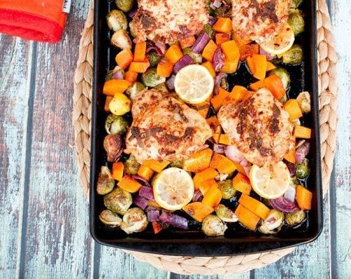 One-Pan Roasted Chicken with Butternut Squash and Brussels Sprouts