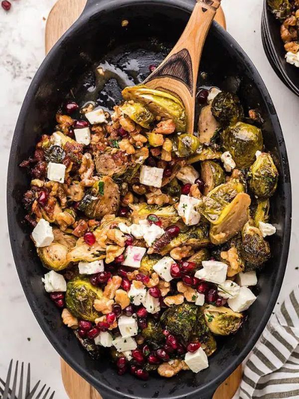 Thanksgiving Side Dish Roasted Brussels Sprout Pomegranate Pancetta Feta Casserole