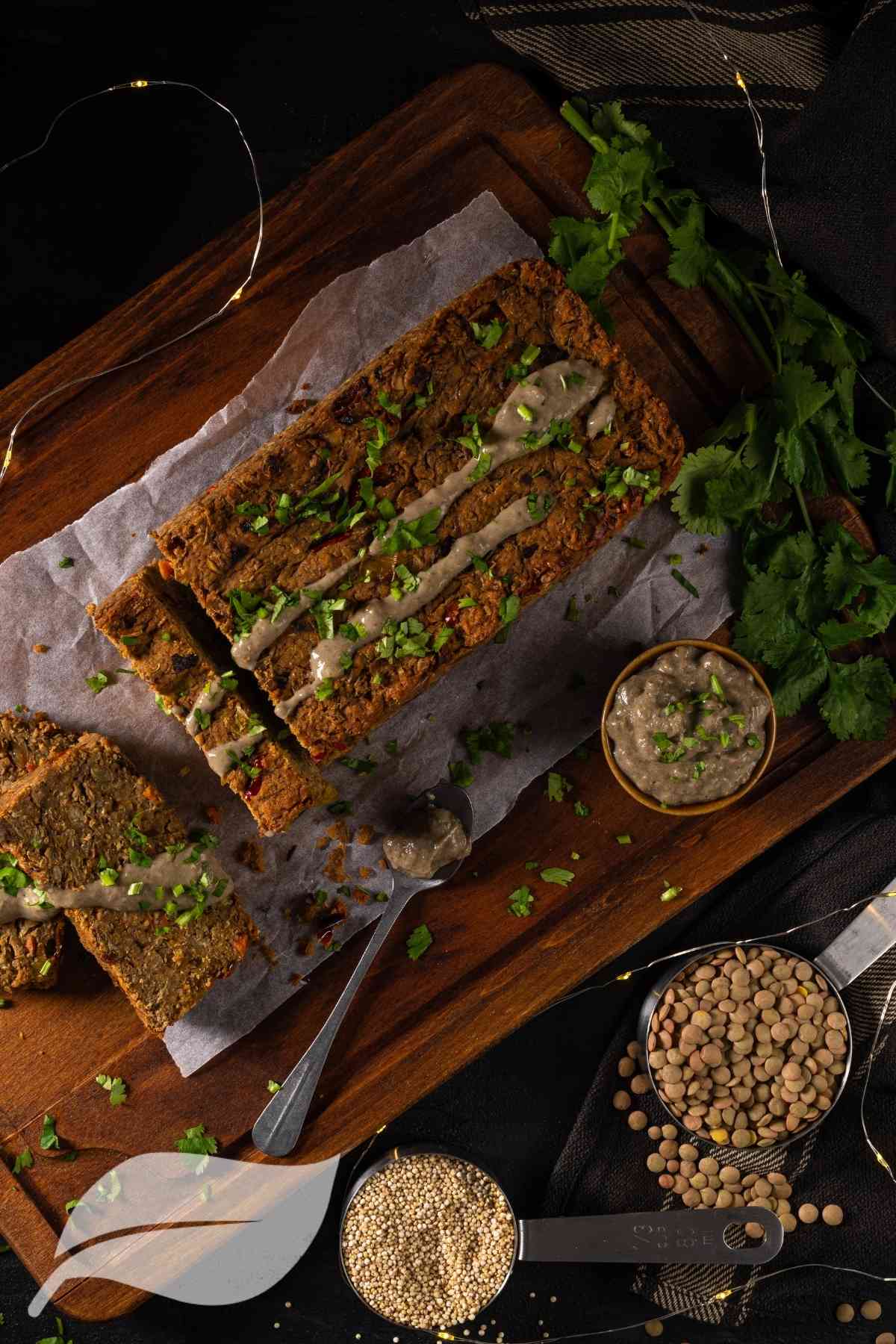 vegan meatloaf on a wooden chopping board