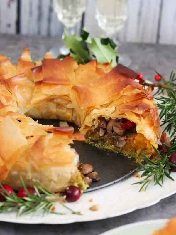 Chestnut, Mushroom & Squash Christmas Filo Wreath Pie