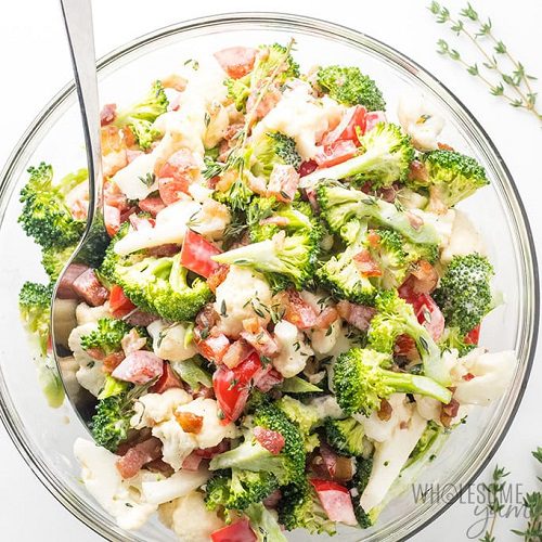 Low Carb Broccoli Cauliflower Salad with Bacon and Mayo