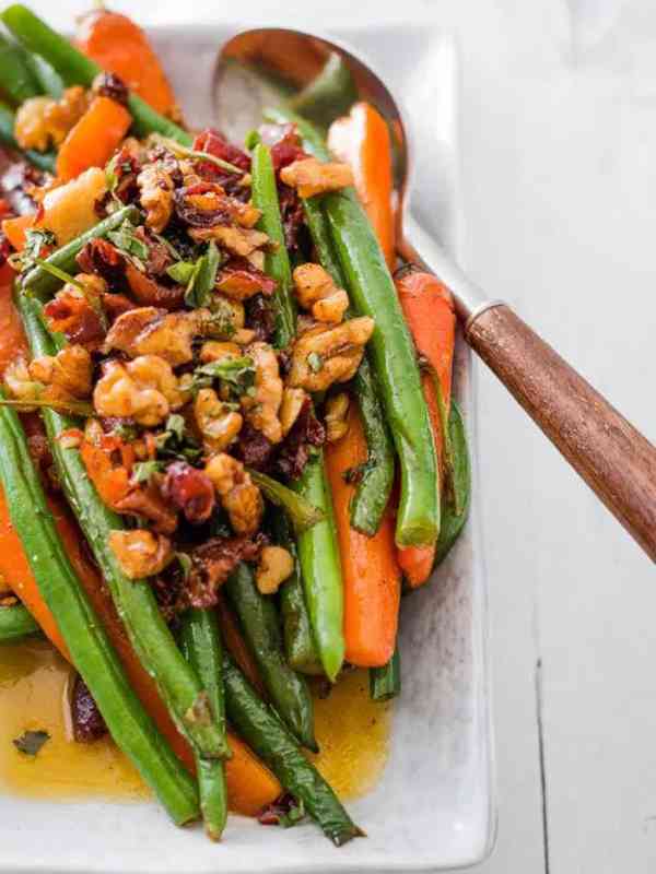 Maple Glazed Sauteed Green Beans and Carrots with Prosciutto and Walnuts