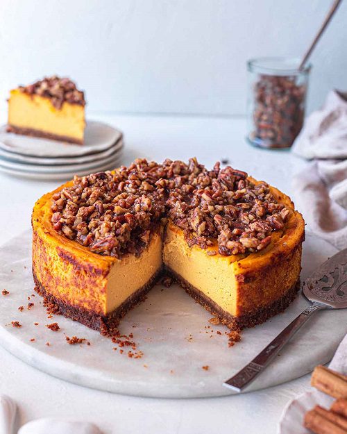 Vegan Fall Desserts Pumpkin Cheesecake (baked)