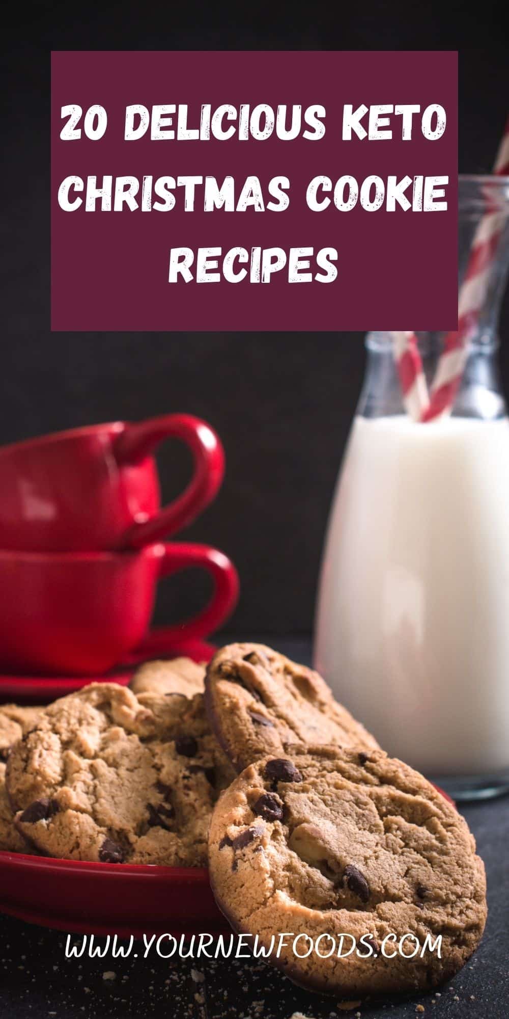 keto cookies with a milk bottle and two stacked red mugs