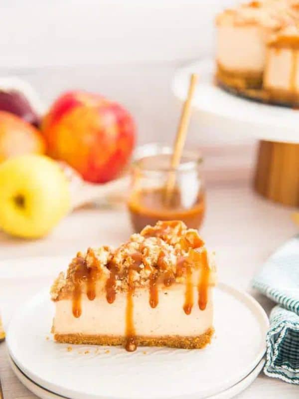 Fall Apple Dessert Apple Streusel Cheesecake with Caramel Drizzle