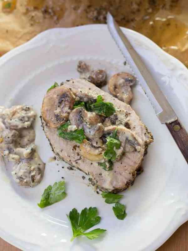 Garlic Herbed Pork Loin with Mushroom Wine Sauce