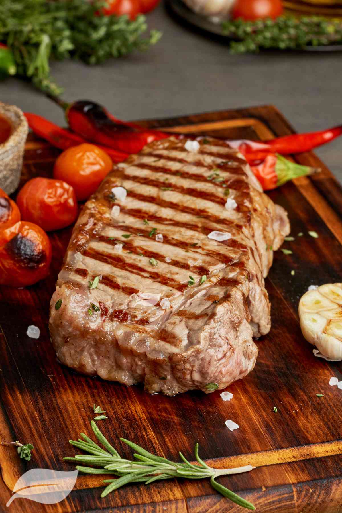 Grilled Steak on a wooden board with cherry tomatoes