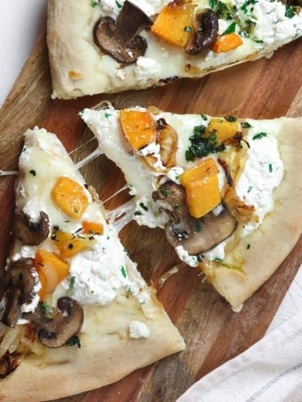 Three Cheese White Pizza with Butternut Squash, Mushrooms, & Caramelized Onions