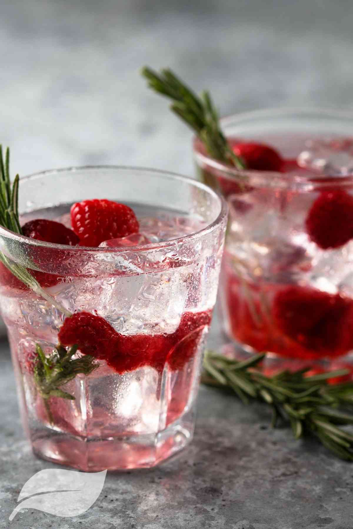 2 pink gin cocktails in tumblers with red berries