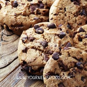 chocolate chip cooies on a wooden table