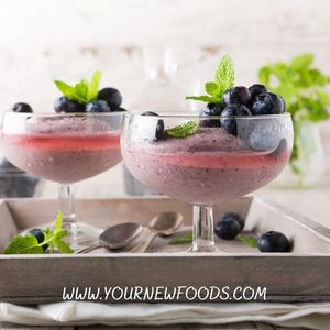 two champagne glasses with a Homemade Healthy Blueberry Dessert and blueberries on top