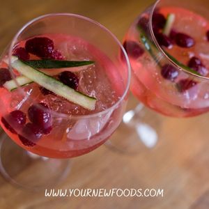 2 pink gin cocktails in wine glasses with red berries and a couple of strips of rhubarb
