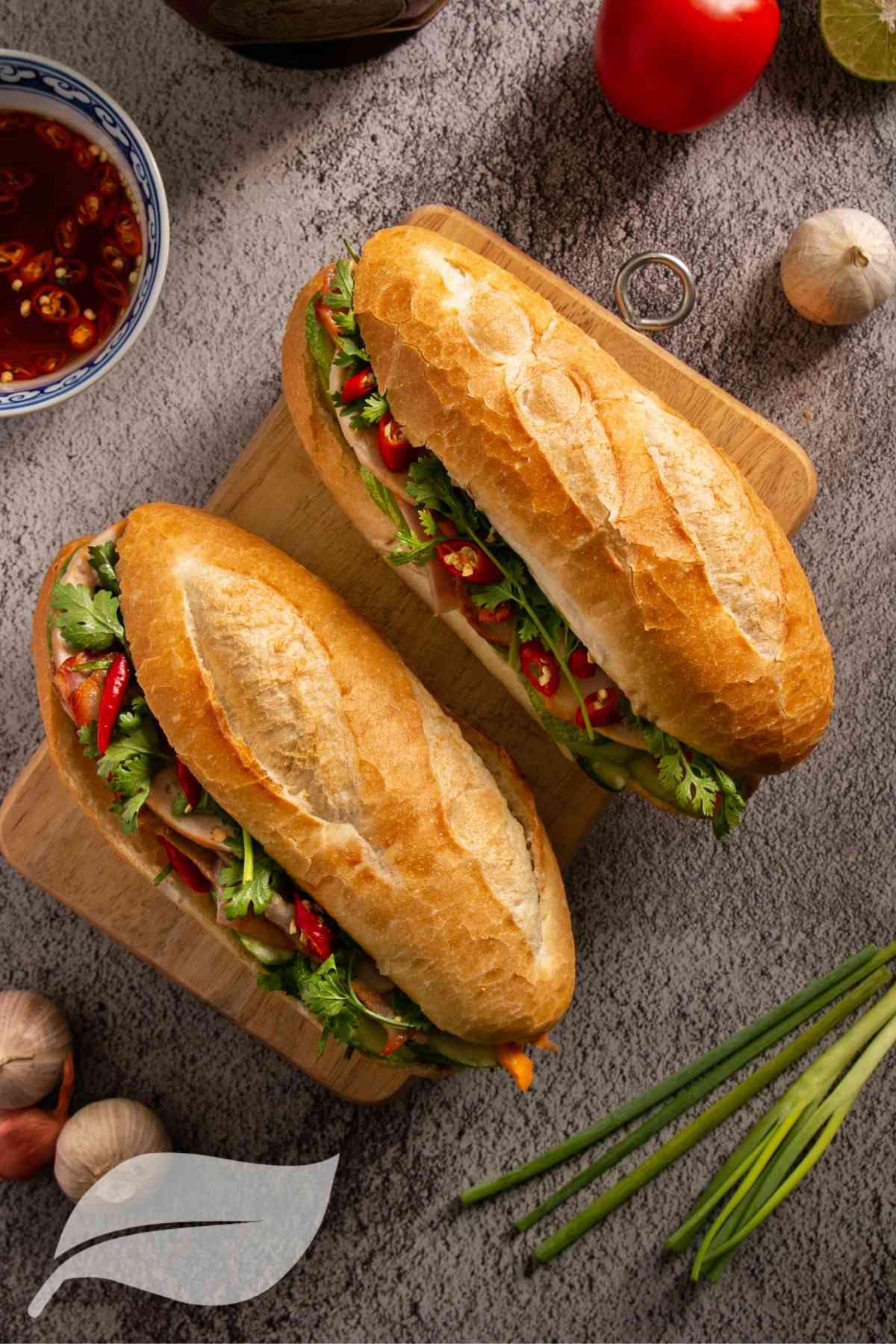 Two Vietnamese Pork sandwiches in a bread stick with salad