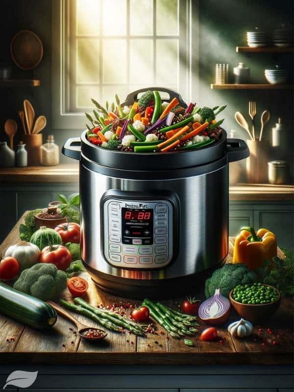 a beautifully arranged Instant Pot filled with a colorful vegan dish, showcasing a variety of vegetables and spices.