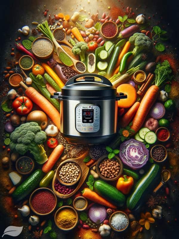 an Instant Pot surrounded by an array of colorful and fresh vegan ingredients like vegetables, legumes, and spices, creating an enticing and vibrant scene.