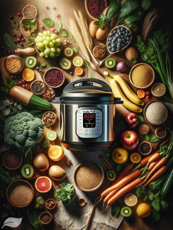 an inviting kitchen scene with an Instant Pot in the center, surrounded by a variety of fresh organic vegan ingredients like exotic fruits, grains, and leafy greens
