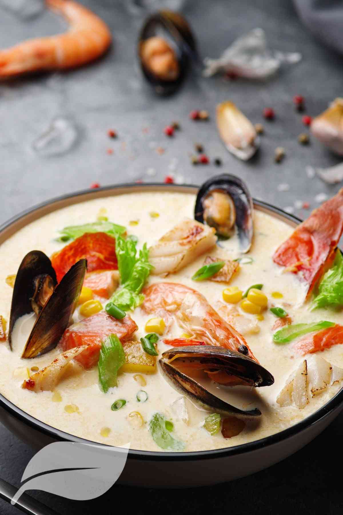 Fish chouder in a bowl with seafood showing