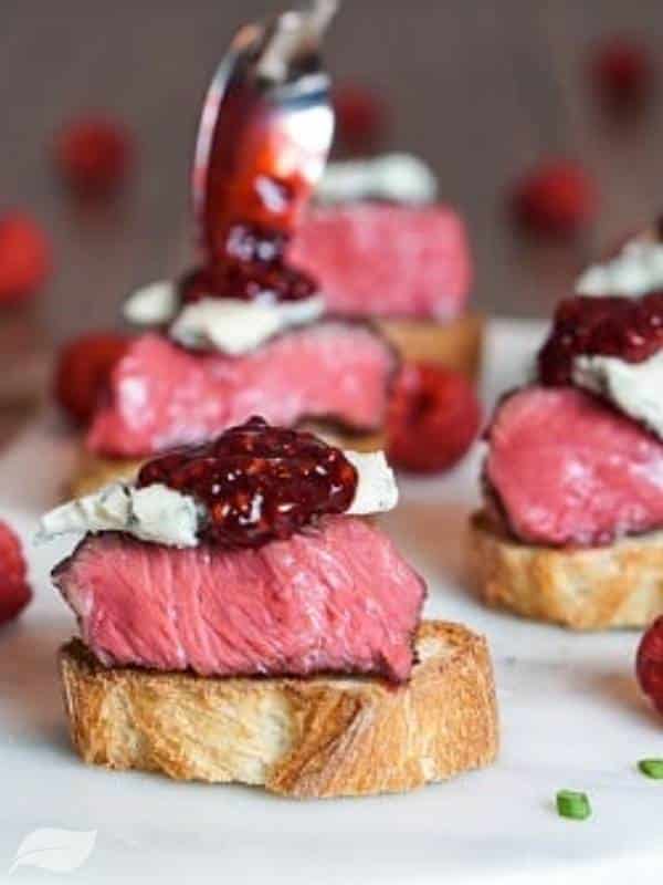 Steak Bites with Blue Cheese and a Raspberry Balsamic Sauce