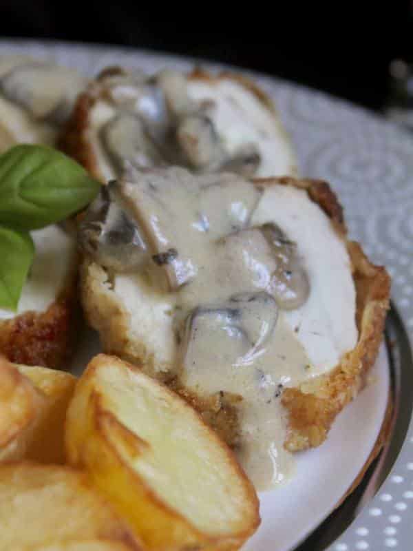 Stuffed Chicken Breast with Goat Cheese, Basil, and a Mushroom Sauce