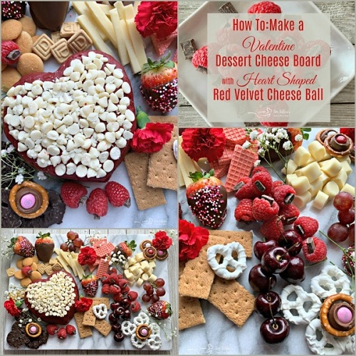 Valentine Dessert Cheese Board With Red Velvet Heart Shaped Cheese Ball