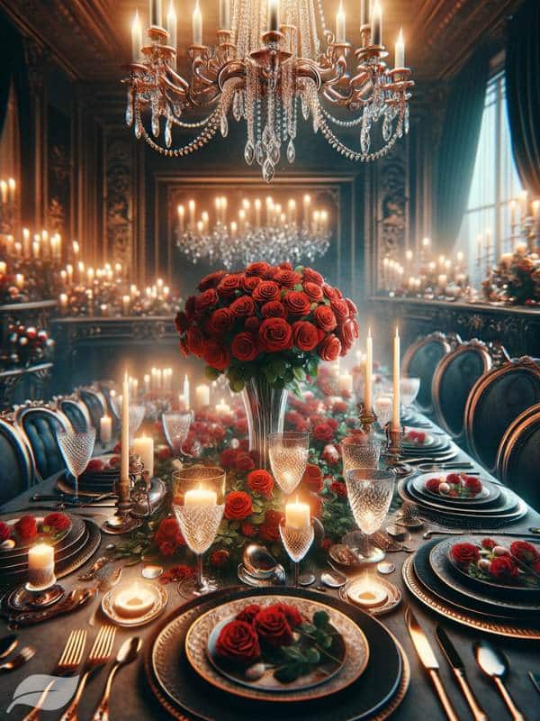a luxurious and romantic dinner setup, featuring a table elegantly laid out with fine dinnerware, sparkling glassware, and a centerpiece of red roses