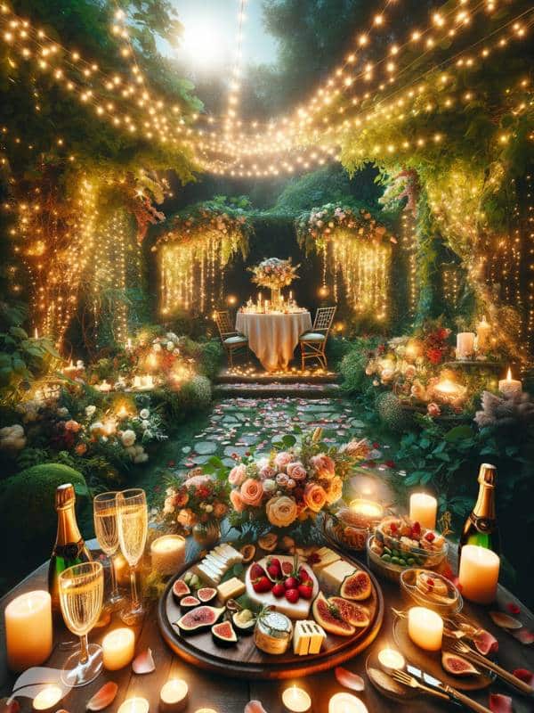 a magical outdoor evening setting, under the enchantment of twinkling fairy lights. A beautifully arranged table, set for two, is nestled in a garden or balcony space, surrounded by lush greenery