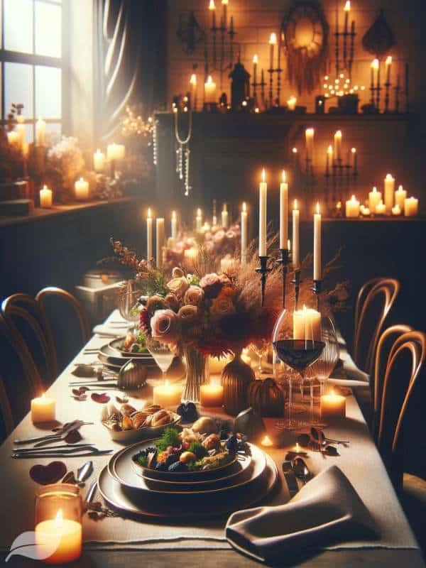 a romantic, elegantly set dinner table in an intimate setting, with candlelight casting a warm glow over a variety of exquisite dishes.