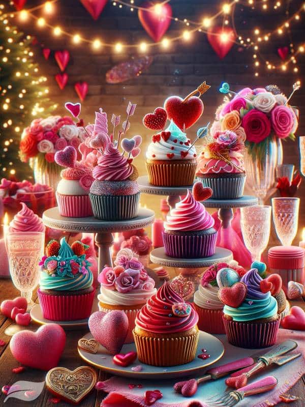 a variety of creatively decorated cupcakes for Valentine's Day