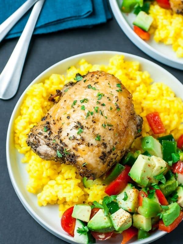 Crispy Baked Chicken Thighs With Garlic Turmeric Rice