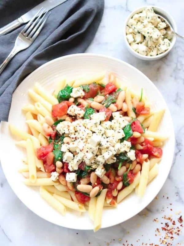 Vegan Feta with Spinach, Tomato and White Bean Pasta