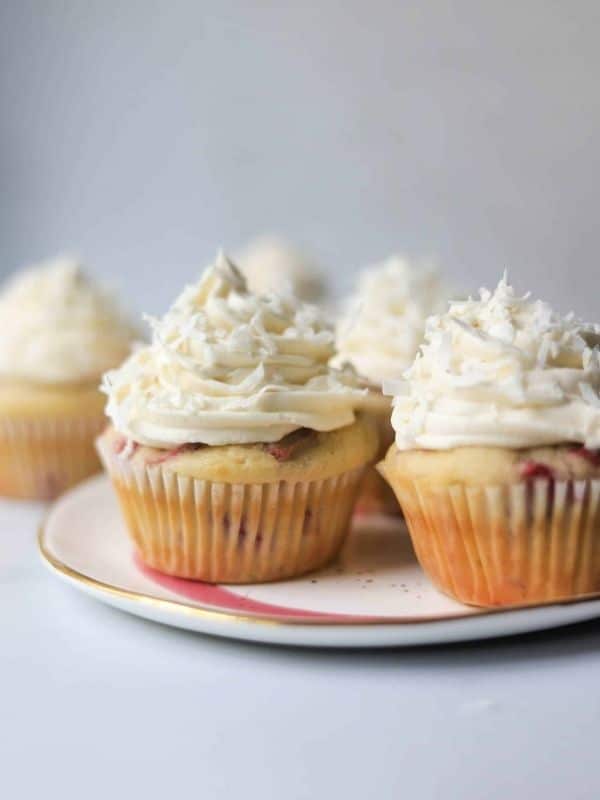 strawberry rhubarb cupcakes with coconut frosting