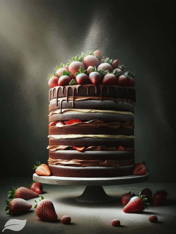 a towering, layered chocolate cake, adorned with fresh, vibrant strawberries, and a dusting of powdered sugar, set against a dark, elegant background