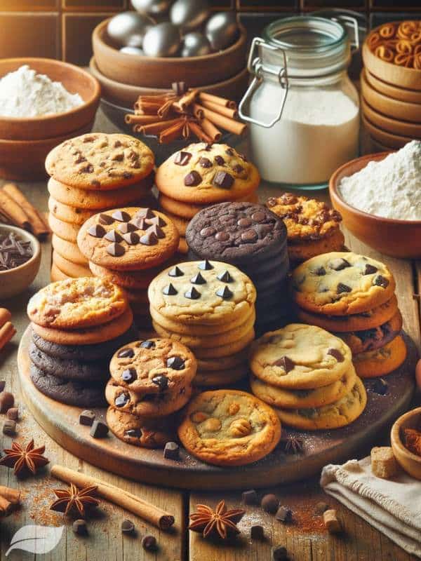 a variety of cookies, including chocolate chip, peanut butter, snickerdoodle, and seasonal flavors like cinnamon and orange zest, artfully arranged on a rustic wooden table with baking ingredients like flour, eggs, and vanilla pods scattered around