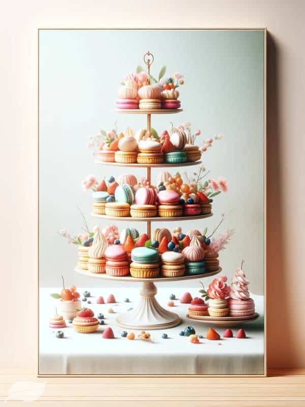 a variety of desserts arranged elegantly on a multi-tiered stand, with an emphasis on color and texture contrasts