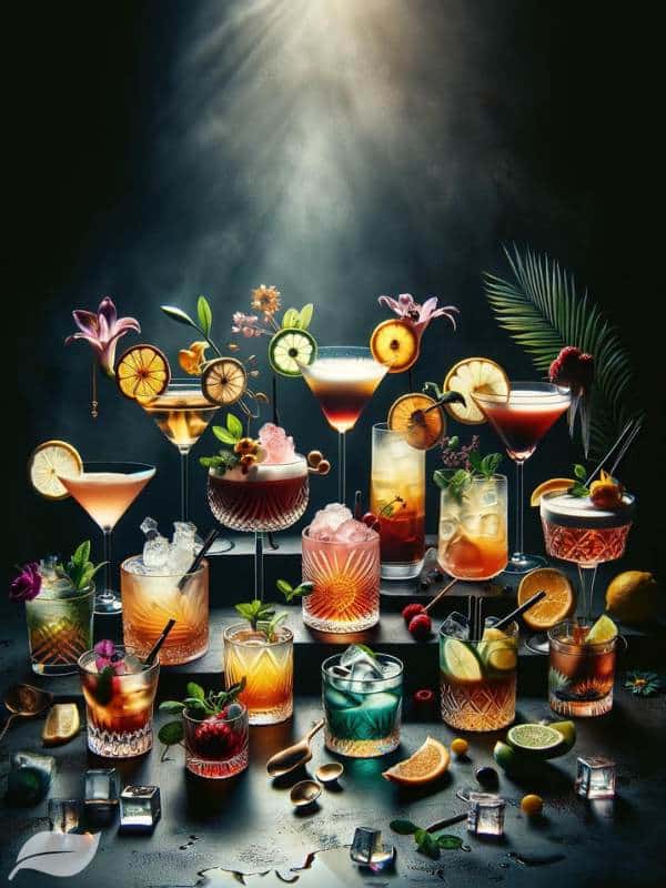 an array of colorful cocktails, each with unique garnishes, elegantly arranged against a dark, moody background