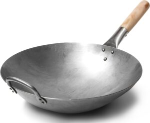 Craft Wok Traditional Hand Hammered Carbon Steel Pow Wok with Wooden and Steel Helper Handle (14 Inch, Round Bottom)