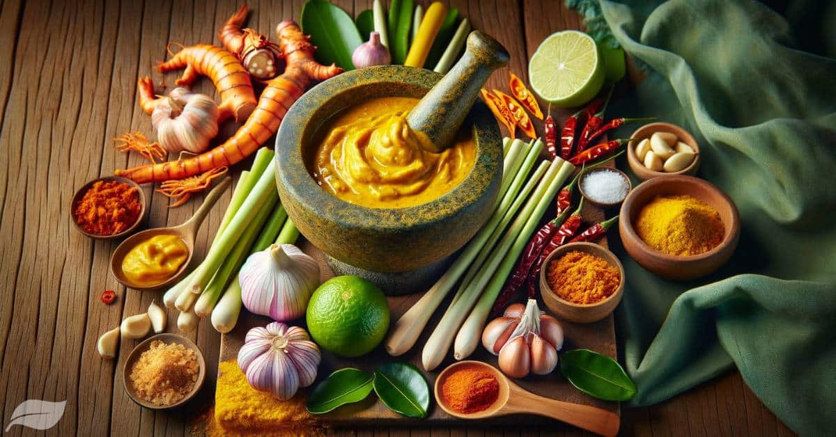 Thai Yellow Curry Paste ingredients. The ingredients, including lime skin, lemongrass, galangal, dried red chilies, shallots, garlic, shrimp paste, turmeric, and salt, are beautifully arranged