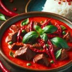 Red Thai Beef Curry with Coconut Milk served in a traditional ceramic bowl. The curry is bright red and creamy, garnished with thinly sliced red chili peppers and fresh green basil leaves on top
