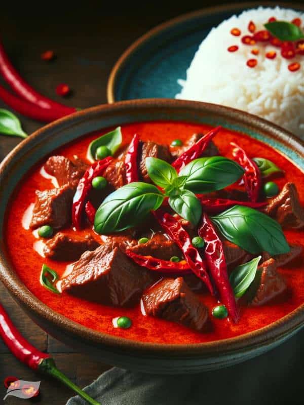 Red Thai Beef Curry with Coconut Milk served in a traditional ceramic bowl. The curry is bright red and creamy, garnished with thinly sliced red chili peppers and fresh green basil leaves on top