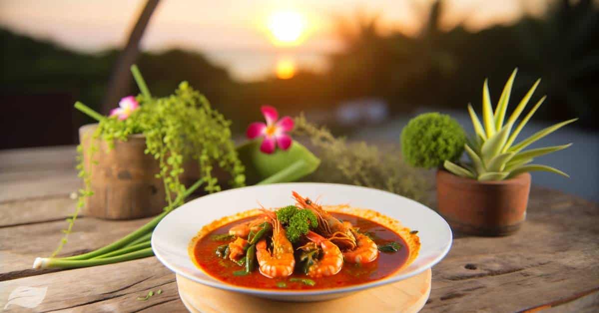 Thai Red Prawn Curry served in an outdoor setting during sunset