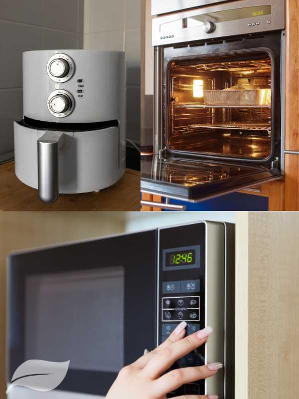 An image that showcases the trio of kitchen appliances - air fryer, conventional oven, and microwave