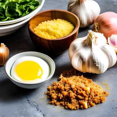 a selection of ingredients, including ground beef, garlic, egg, onions and breadcrumbs